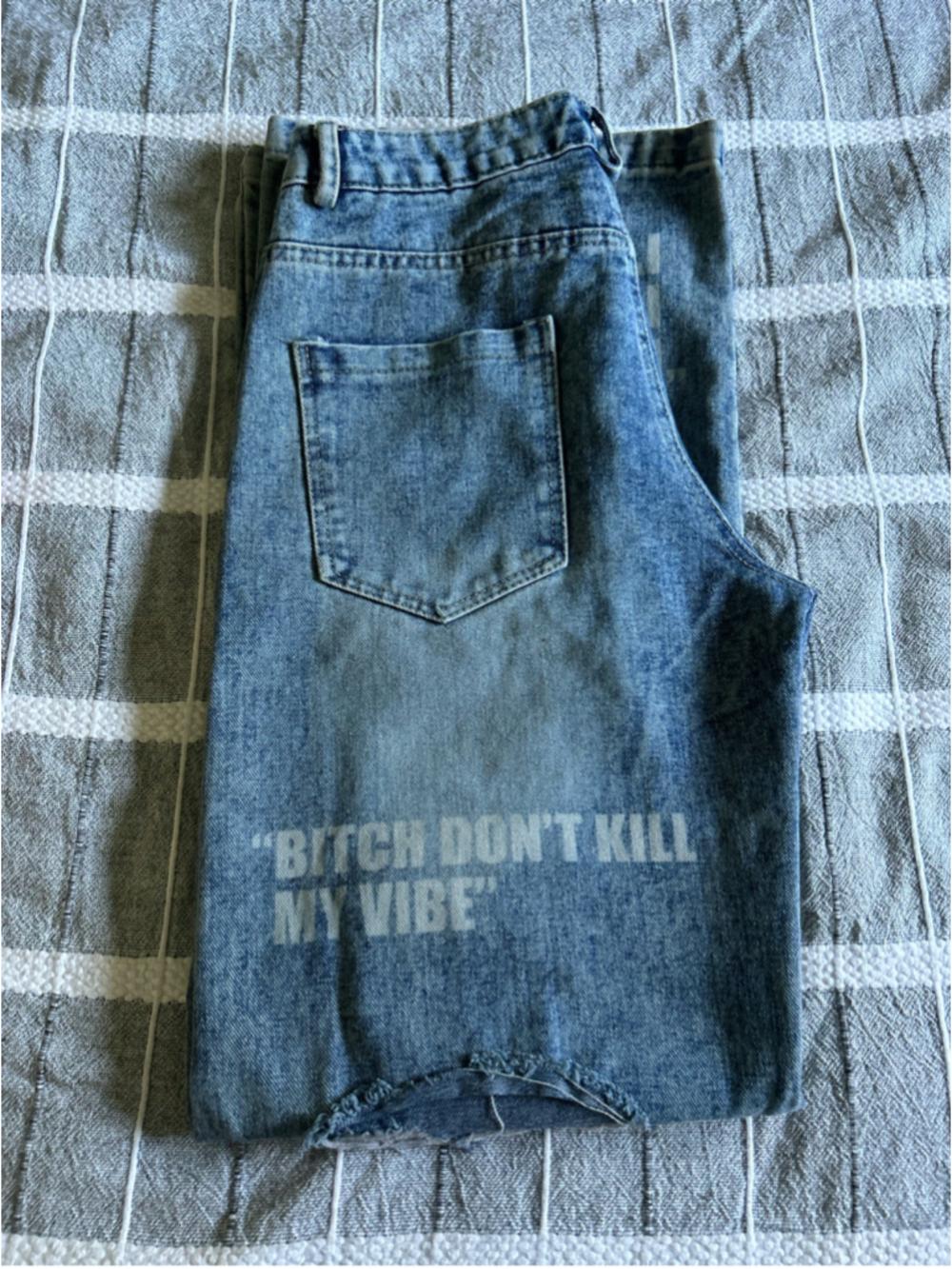 Distressed Wide Leg Jeans, Blue, White Text